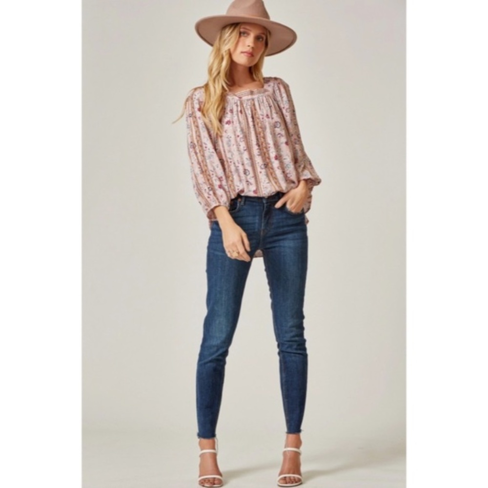 Mauve Bohemian Floral Print Peasant Long Sleeve Tie Back Square Neck Blouse - Picture 3 of 6